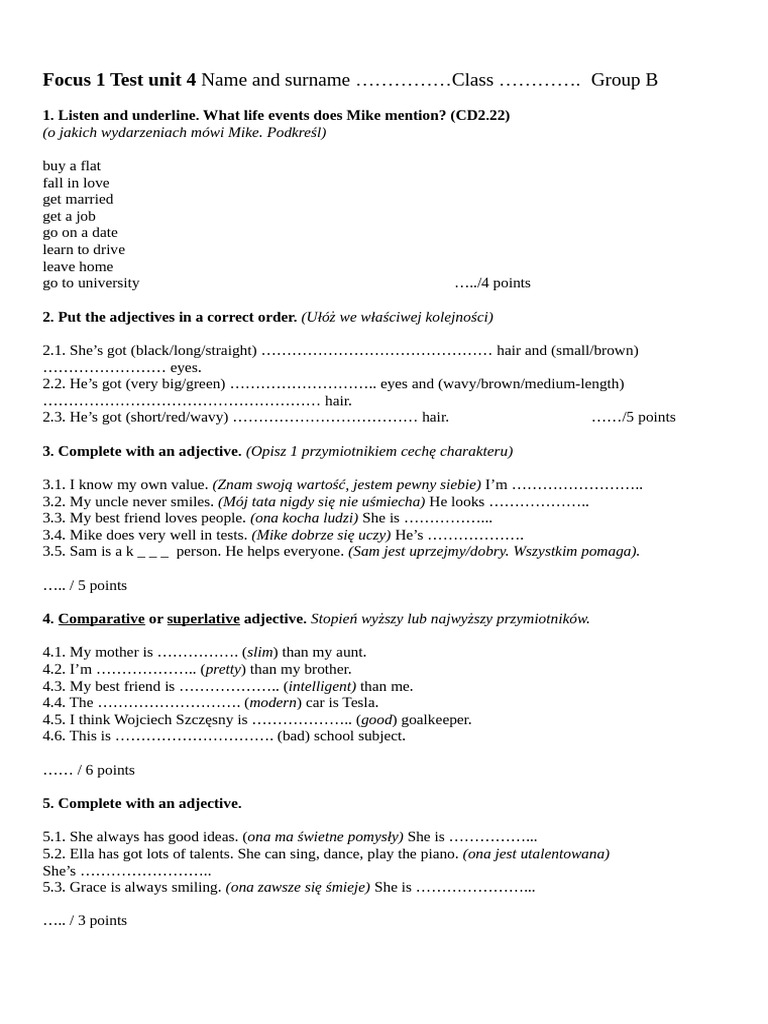 Test Focus 1 Unit 4 | PDF