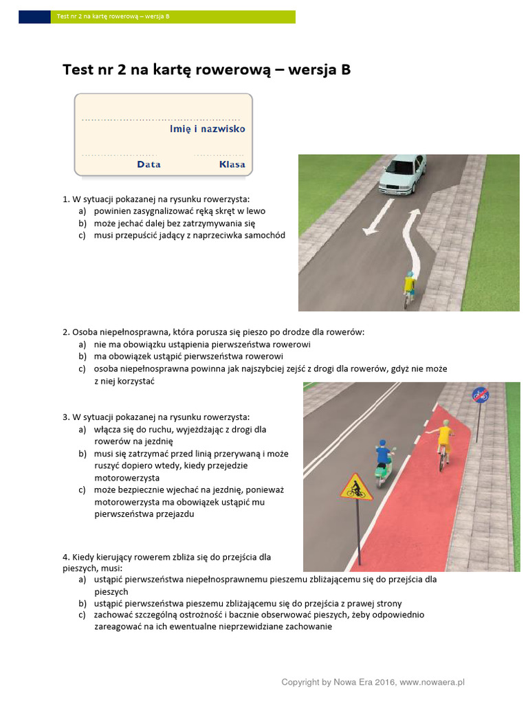 Test Na Karte Rowerową Quiz Test Na Karte Rowerowa NR 2 Wersja B | PDF