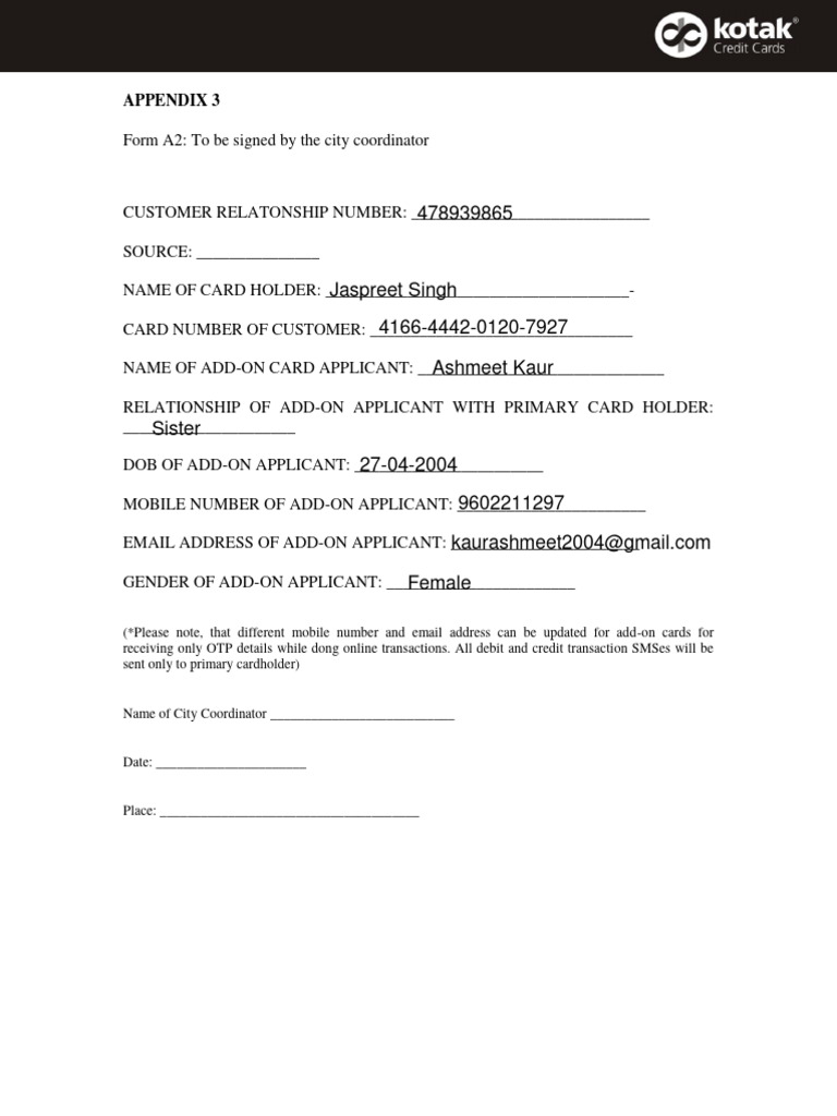 HDFC Add-On Card Application Form | PDF | Credit Card
