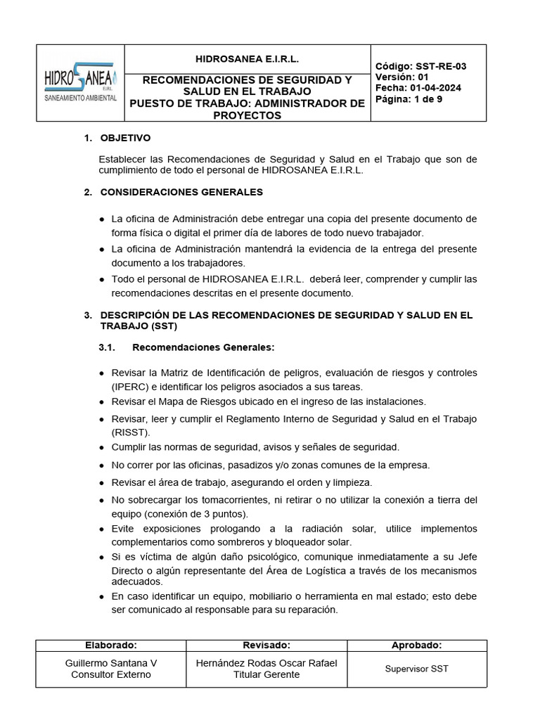 SST-RE-03-Anexo SST - Recomendaciones de SST-ADMINISTRADOR DE PROYECTOS ...