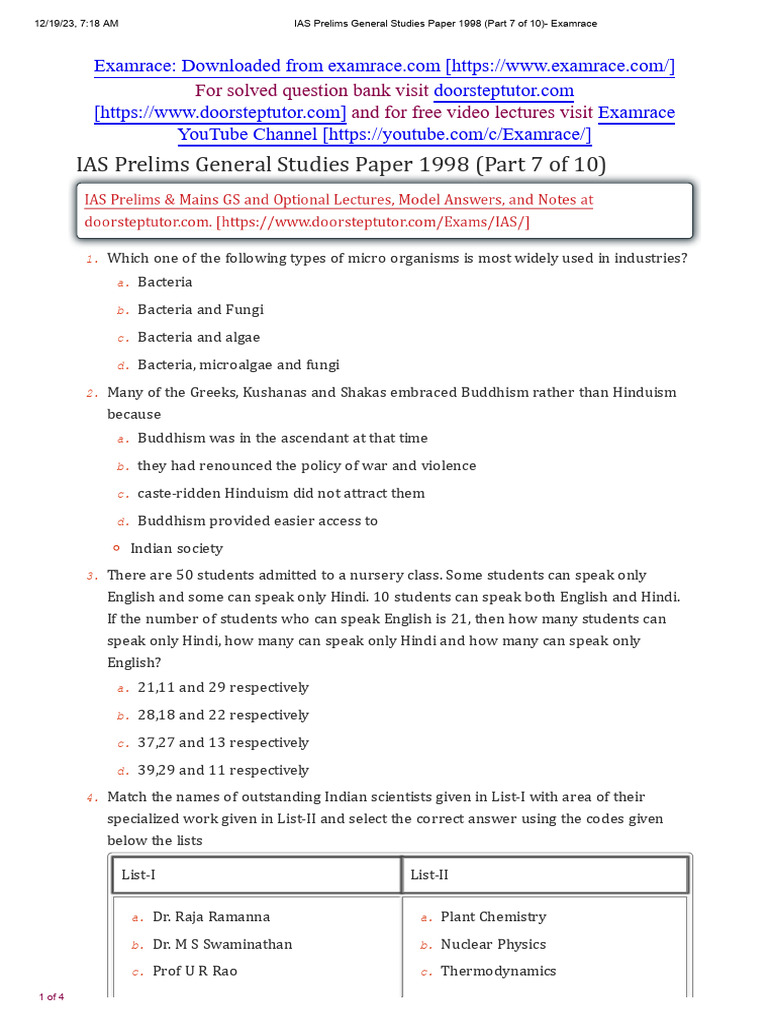 IAS Prelims GS Paper 1998 Part 7 | PDF | Biology