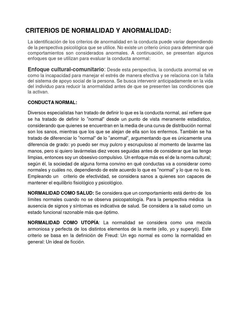 CRITERIOS DE NORMALIDAD Y ANORMALIDAD Psicopatologia | PDF ...