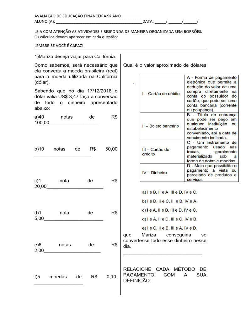 Educação Financeira Avaliação 9º Ano | PDF | Dinheiro | Moeda
