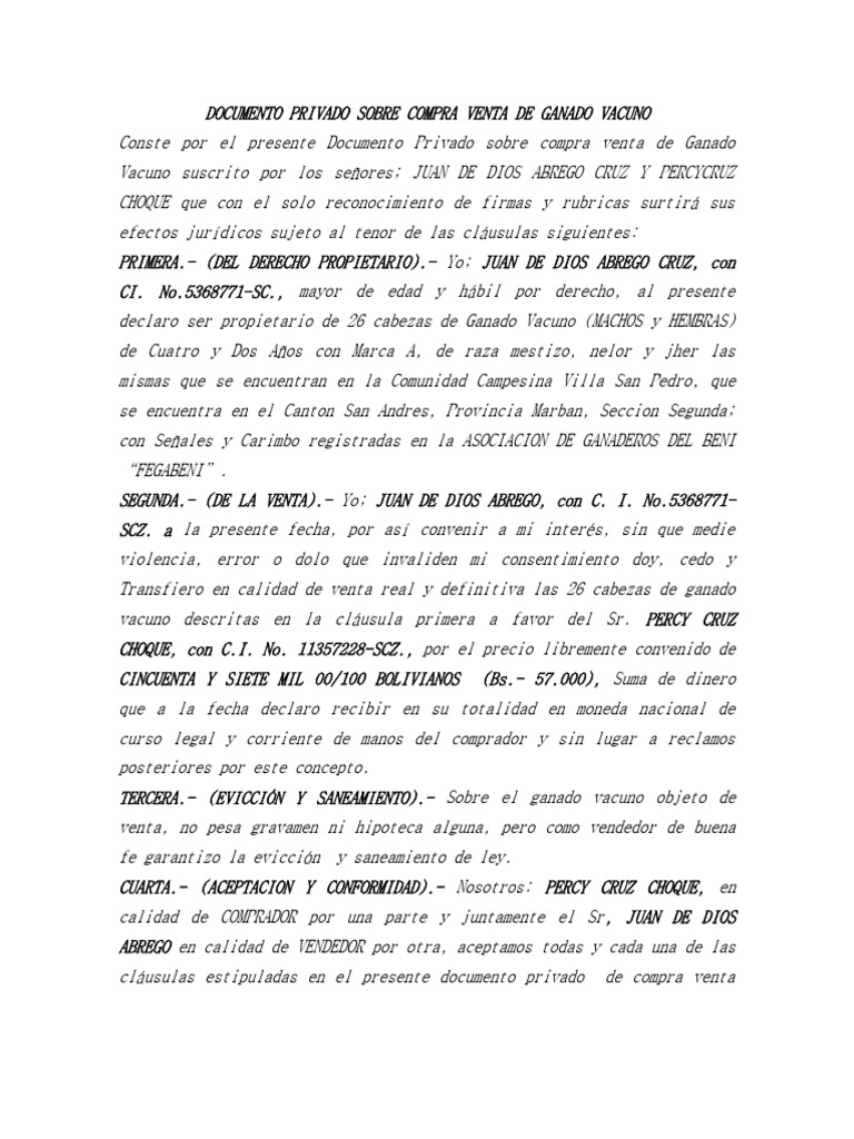 Documento privado sobre compra venta de ganado vacuno pedro cruz pdf