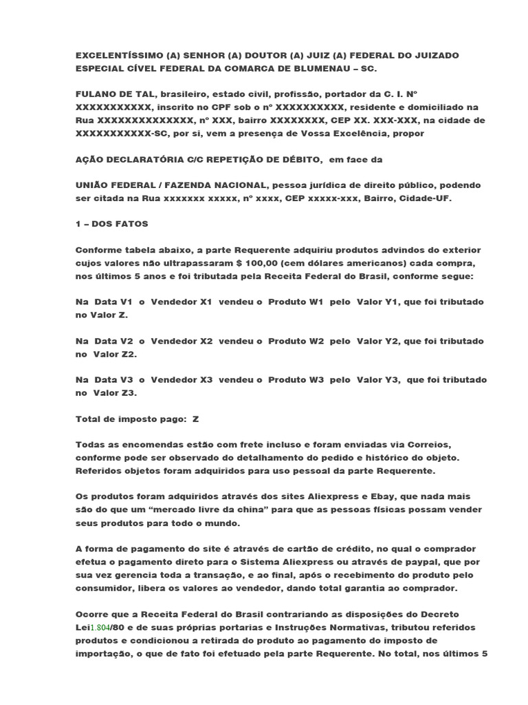 A o de repeti o de ind bito ressarcimento do imposto de importa o