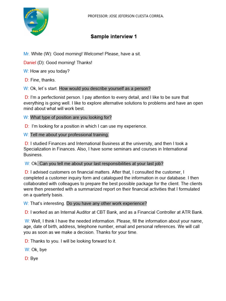 6.1 Suppoert Material Interview Sample Conversation | PDF