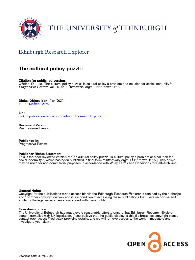 O'Brien, D 2019, 'The Cultural Policy Puzzle. Is Cultural Policy A ...