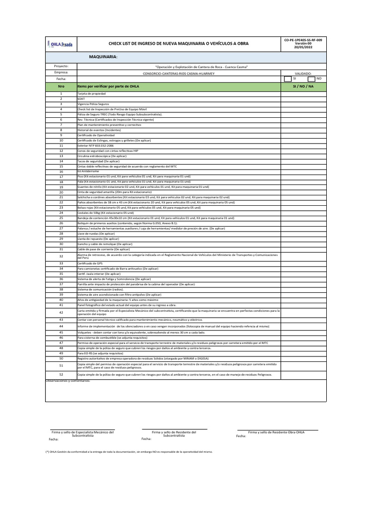 Check List para Ingreso de Maquinaria y Vehículos | PDF | Vehículo de motor