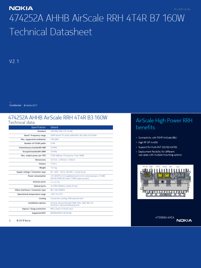Nokia AirScale RRH 4T4R B7 Datasheet | PDF | Lte (Telecommunication ...