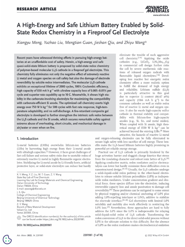 A High Energy and Safe Lithium Battery Enabled by Solid State Redox ...