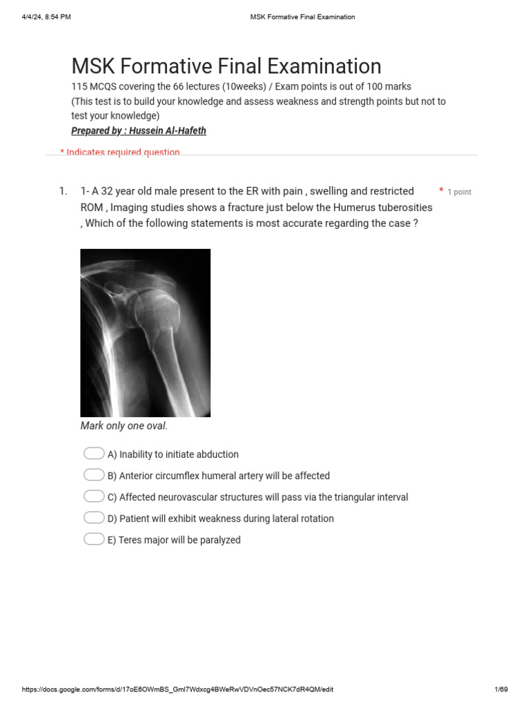 MSK Formative Final Examination - Hussein-01 | PDF | Arm | Elbow