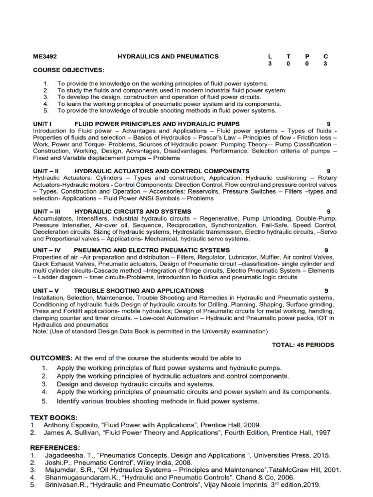 Syllabus - Hydraulics & Pneumatics | PDF