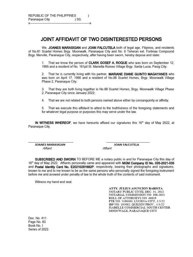 Affidavit of Disinterested Persons | PDF | Affidavit | Legal Procedure