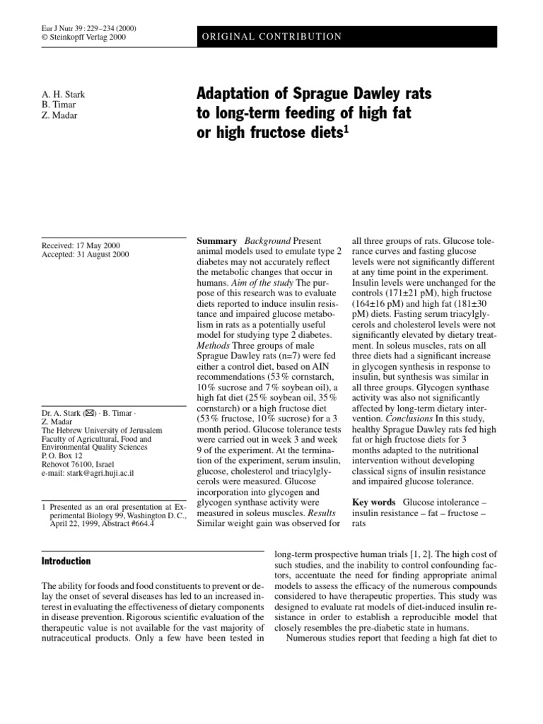 Adaption Of Sprague Dawley Rats To Long Term Feeding Of High Fat Of 
