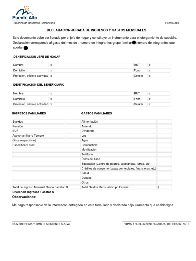Declaracion Jurada de Ingresos y Gastos Mensuales | PDF