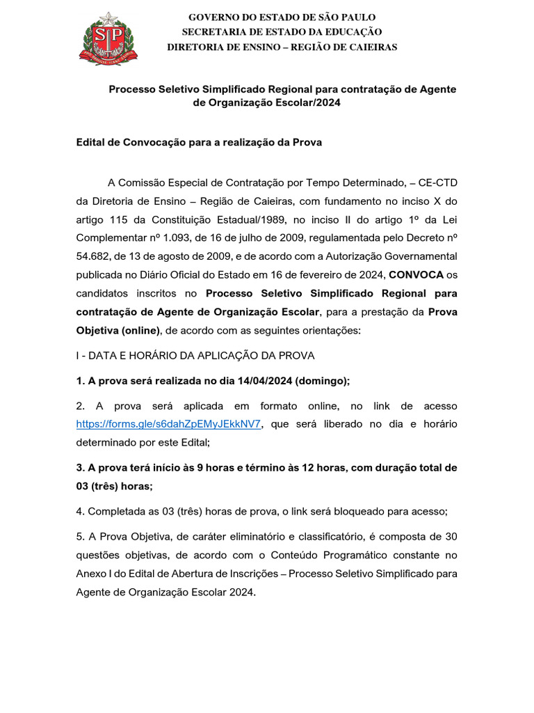 Prova Agente de Organização Escolar 2024 | PDF | Estado