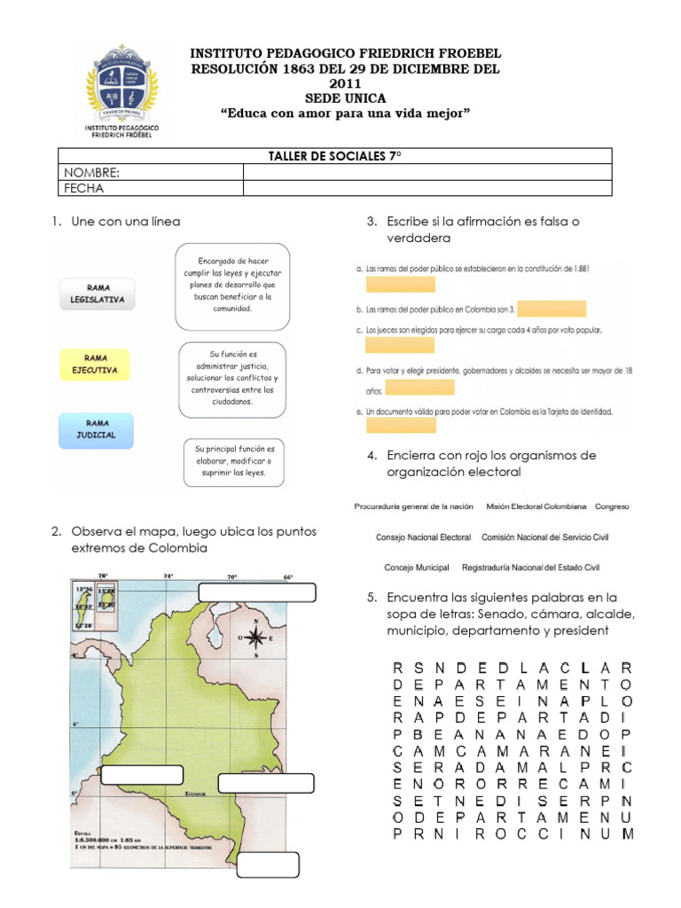 Taller de Sociales 7°: Geografía y Gobierno | PDF | Colombia | Gobierno