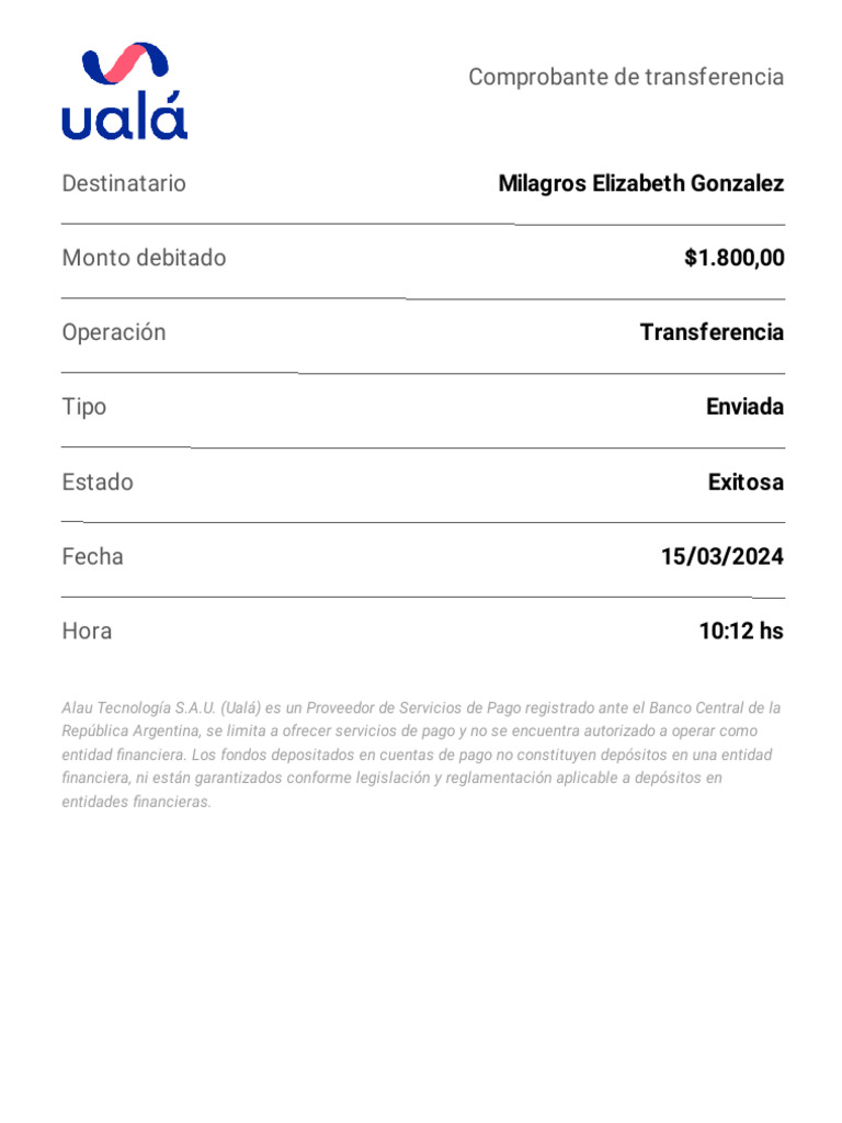 Comprobante de transferencia milagros elizabeth gonzalez 1 800 00