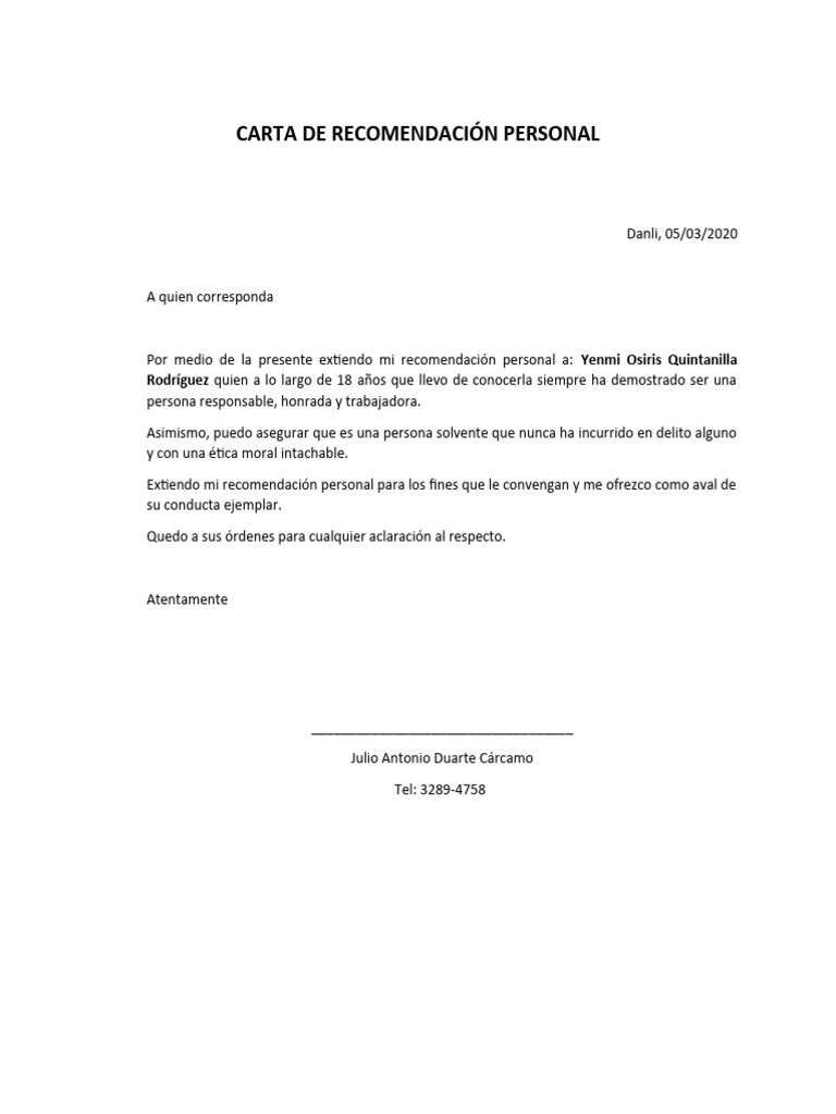 Carta de Recomendación Personal | PDF | Relaciones personales, crianza ...