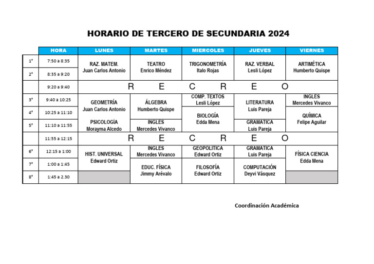 Horario Tercero Secundaria 2024 | PDF