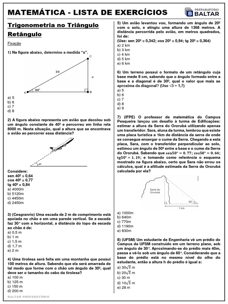 Exercícios de Trigonometria em Triângulos | PDF | Triângulo | Trigonometria