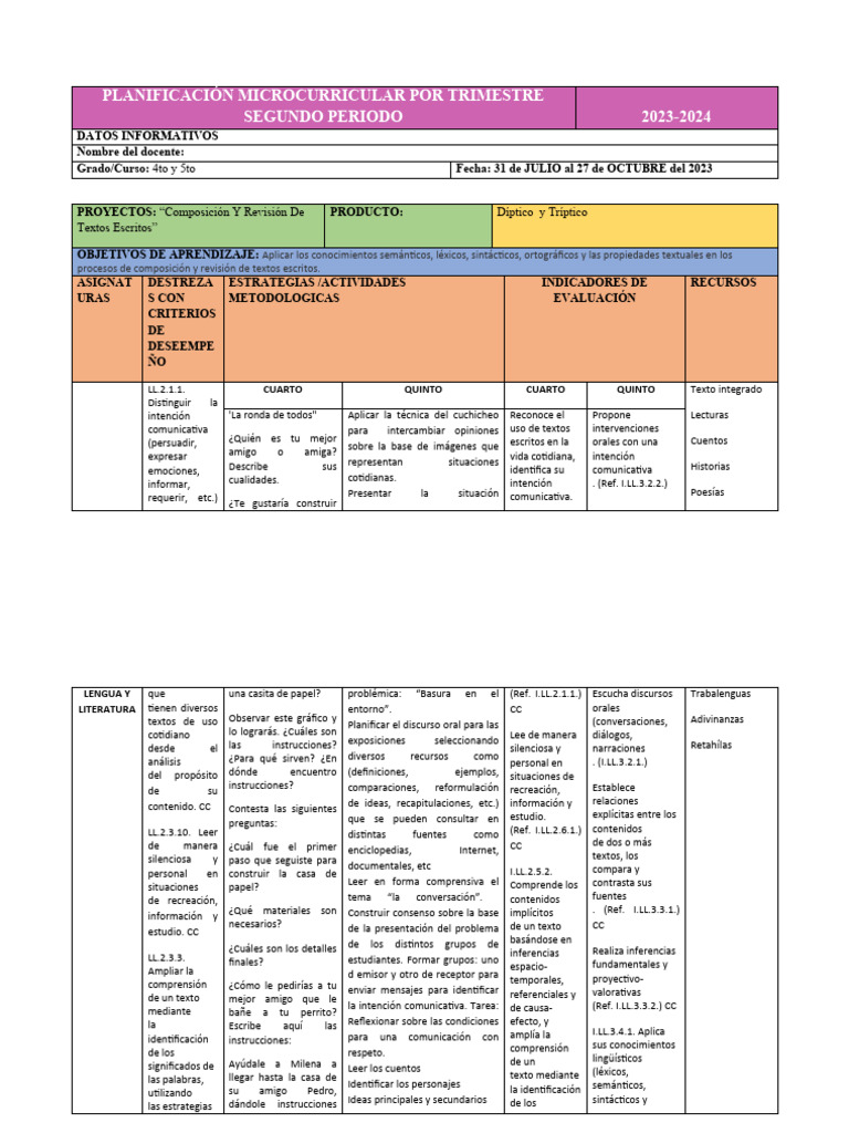 2 SEGUNDO TRIMESTRE PLANIFICACI+ôN MICROCURRICULAR SEGUNDO PERIODO 4TO ...