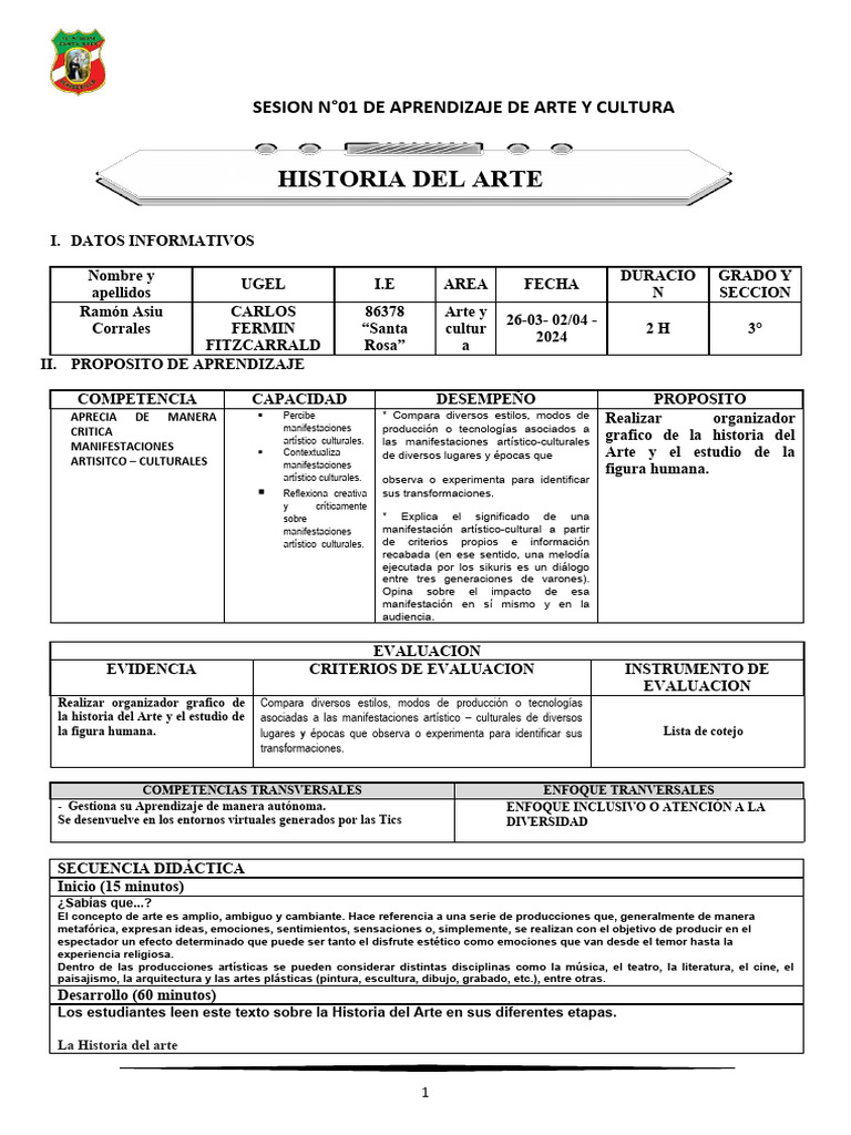 SESION #01 Arte y Cultura Historia Del Arte Tercer Grado | PDF ...