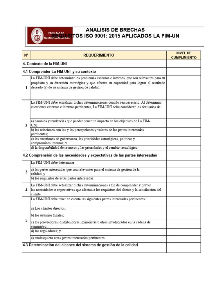 Análisis de Brechas ISO 9001:2015 FIM-UNI | PDF | Calidad (comercial ...