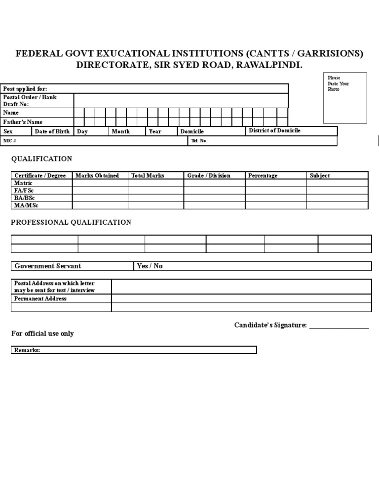Federal Govt Educational Institutions Application Form | PDF