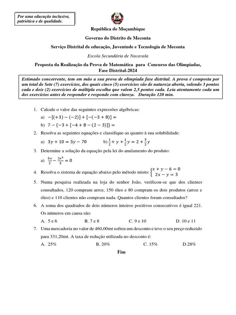 Prova de Matemática - Olimpíadas Distritais 2024 | PDF