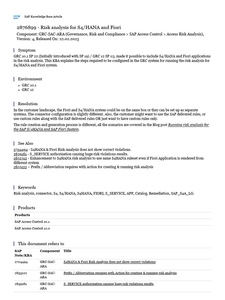 Risk Analysis For S4HANA and Fiori | PDF