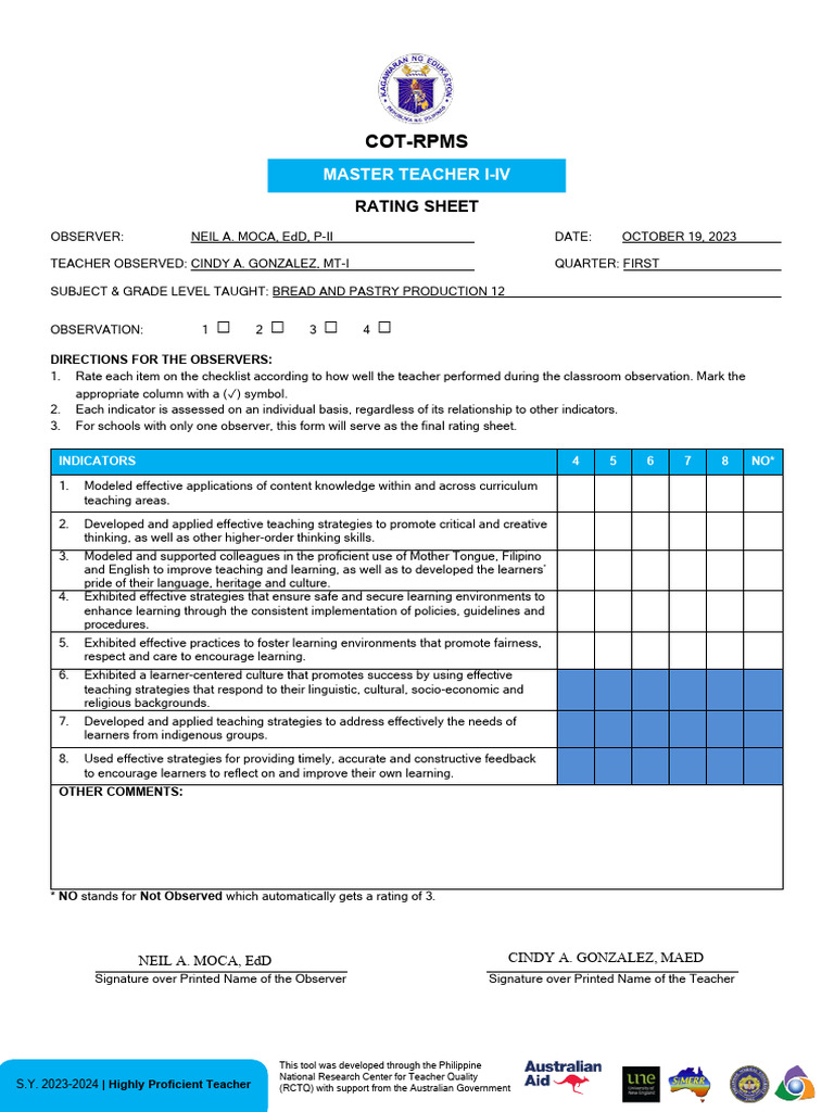 COT-RPMS Rating Sheet For MT I-IV For SY 2023-2024 | PDF | Teachers ...