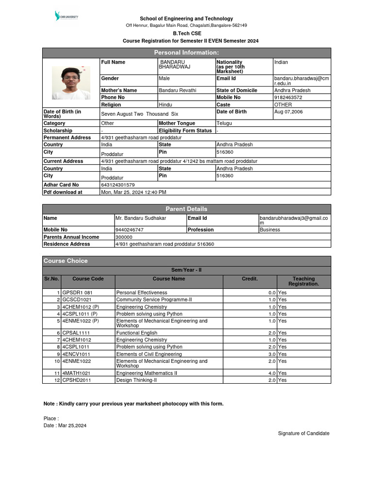 B.Tech CSE Semester II Registration 2024 | PDF