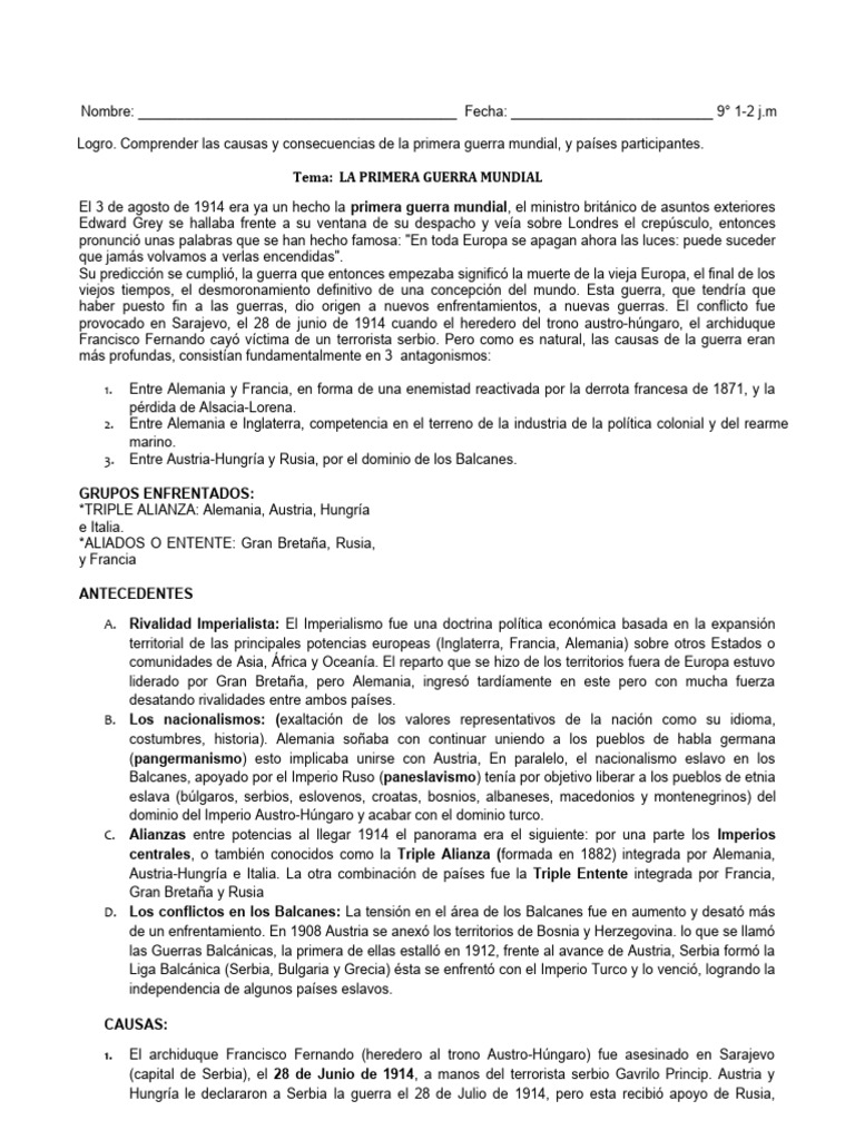 Causas y Consecuencias de la I Guerra Mundial | PDF | Primera Guerra ...