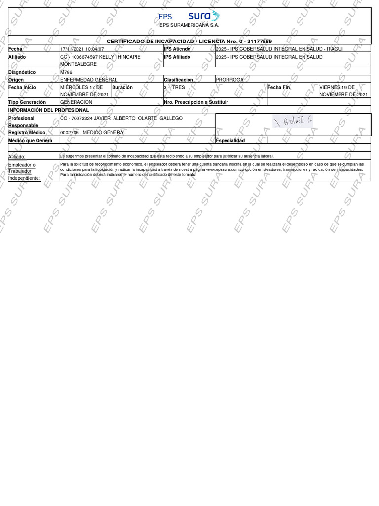 Certificado de Incapacidad EPS SURA | PDF | Cuidado de la salud