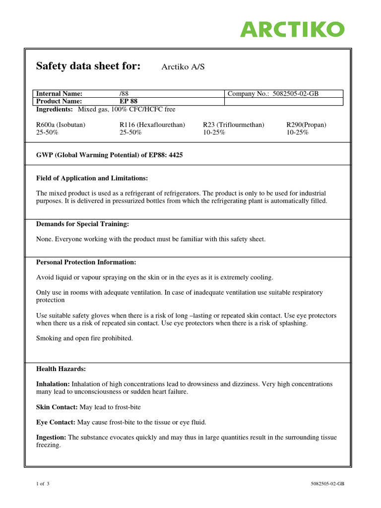 EP 88 Refrigerant Safety Data Sheet | PDF | Water | Fires