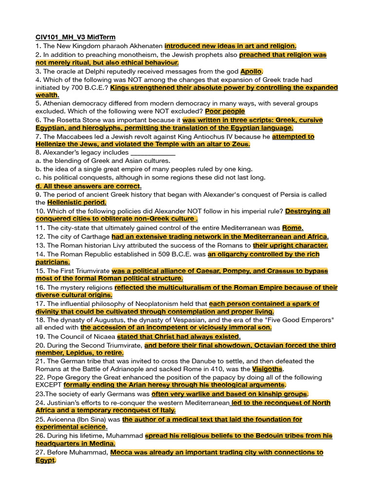 CIV101_MH_V3 MidTerm Exam Questions & Answers | PDF | Greeks | Roman Empire