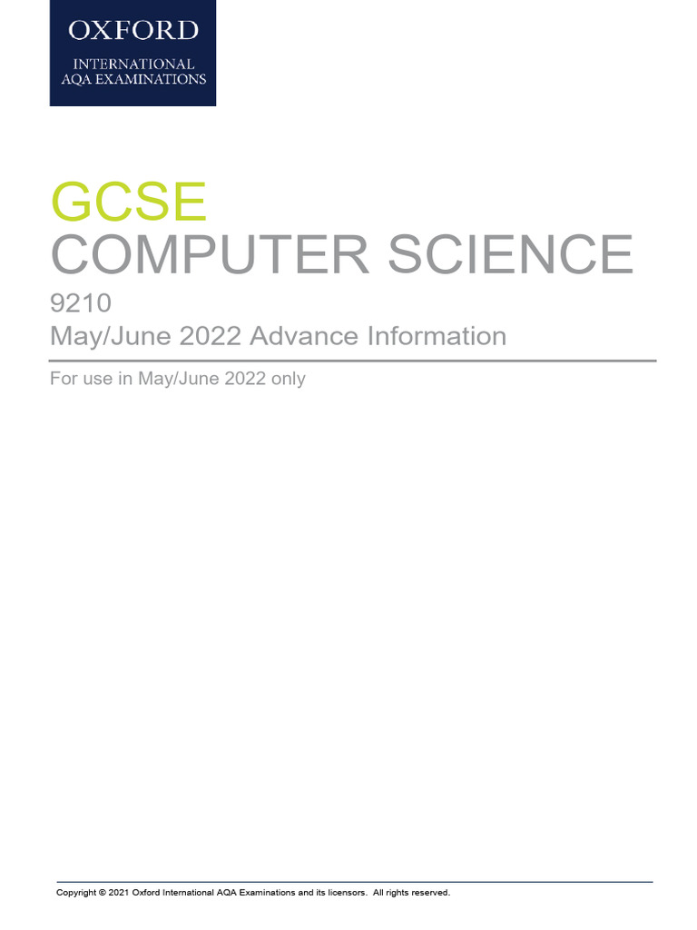 Oxfordaqa Advance Info 9210 International Gcse Computer Science May