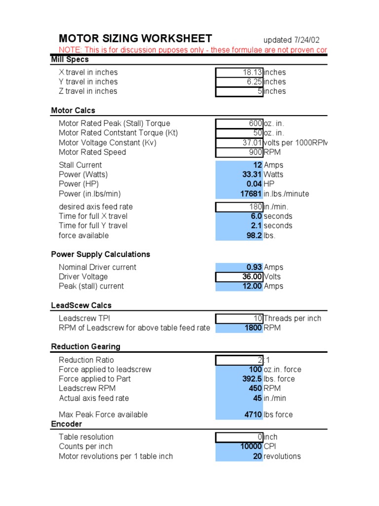 Motor Sizing Worksheet Overview | PDF | Horsepower | Torque