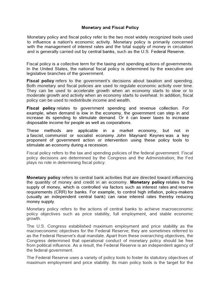 Understanding Monetary and Fiscal Policy | PDF | Fiscal Policy ...