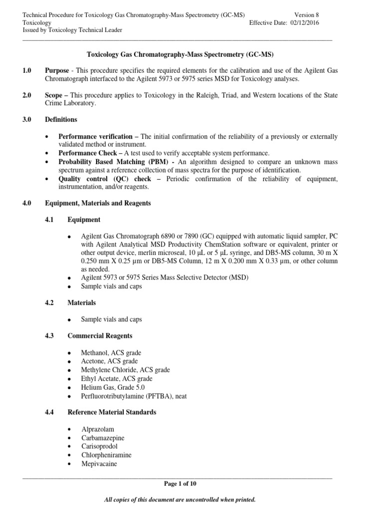 Toxicology Gas Chromatography Mass Spectrometry Gcms 02 12 2016 Pdf