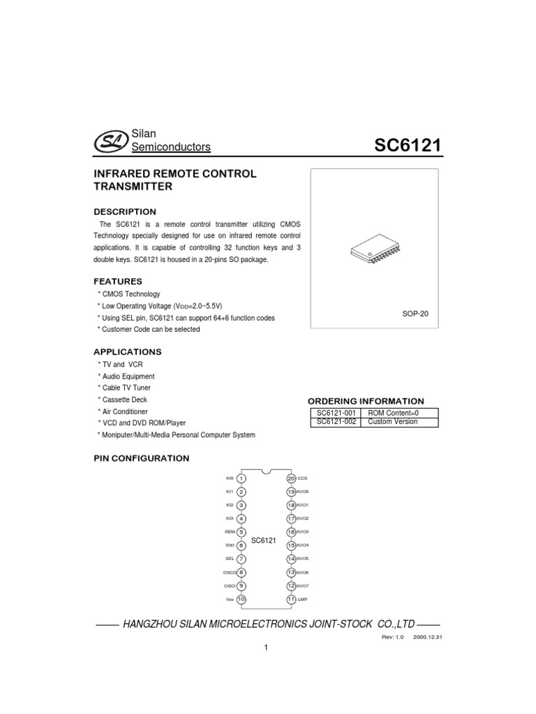 SC6121 Infrared Remote Transmitter Datasheet | PDF | Cmos | Electronic ...