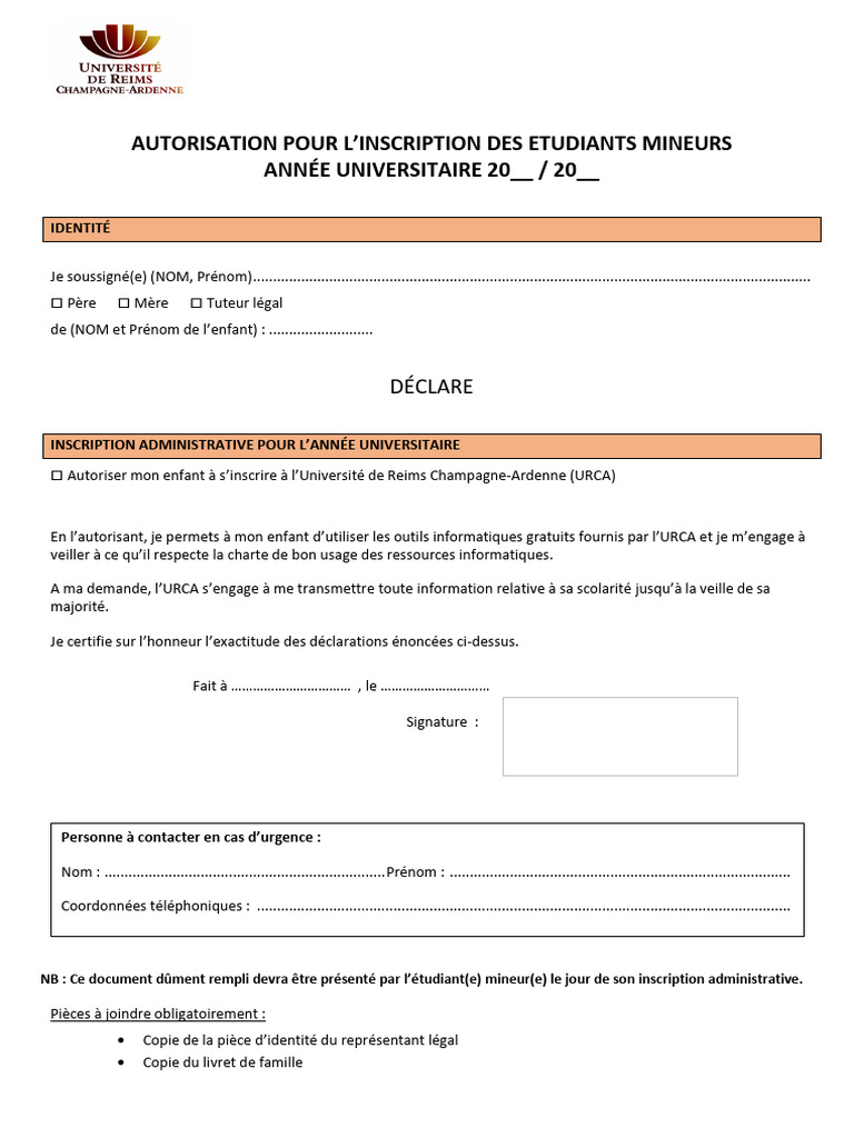 Autorisation Inscription Étudiant Mineur | PDF