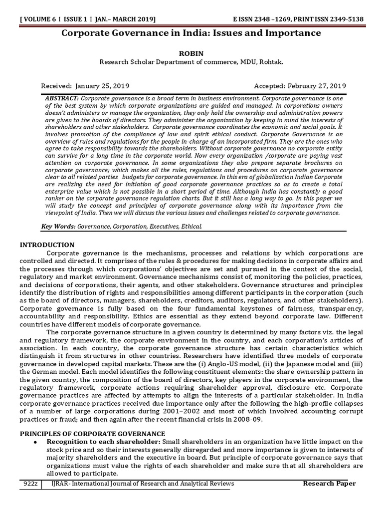 Corporate Governance in India Issues and Importance | PDF | Corporate ...