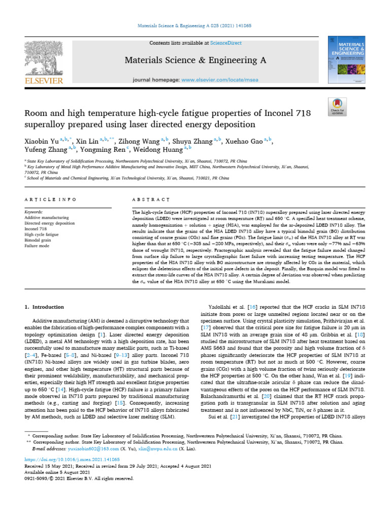 Room and High Temperature High-Cycle Fatigue Properties of Inconel 718 ...