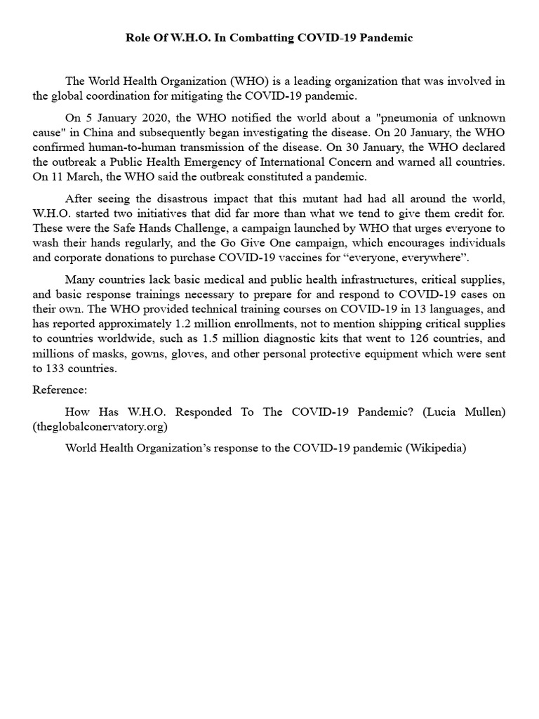 Role of W.H.O. in Combatting COVID PDF
