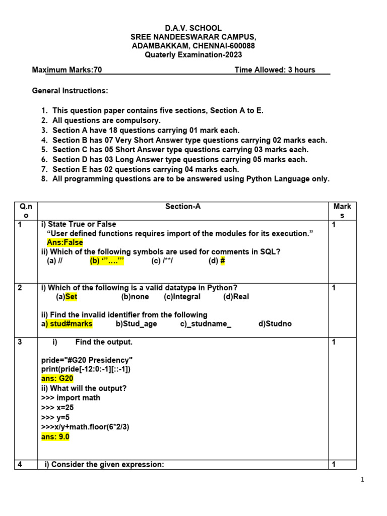 CS QUARTERLY 2023 28 08 2023 Answers 1694082584 | PDF | Sql | Computing