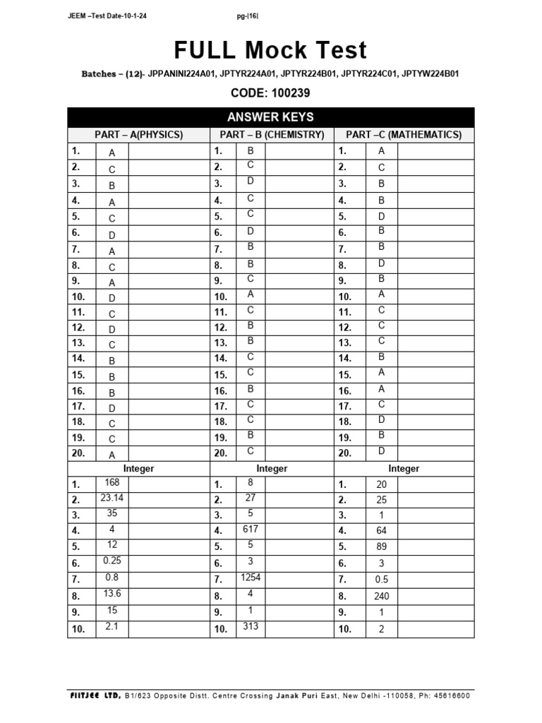 JEEM Full Mock Test Answer Key | PDF | Mathematics