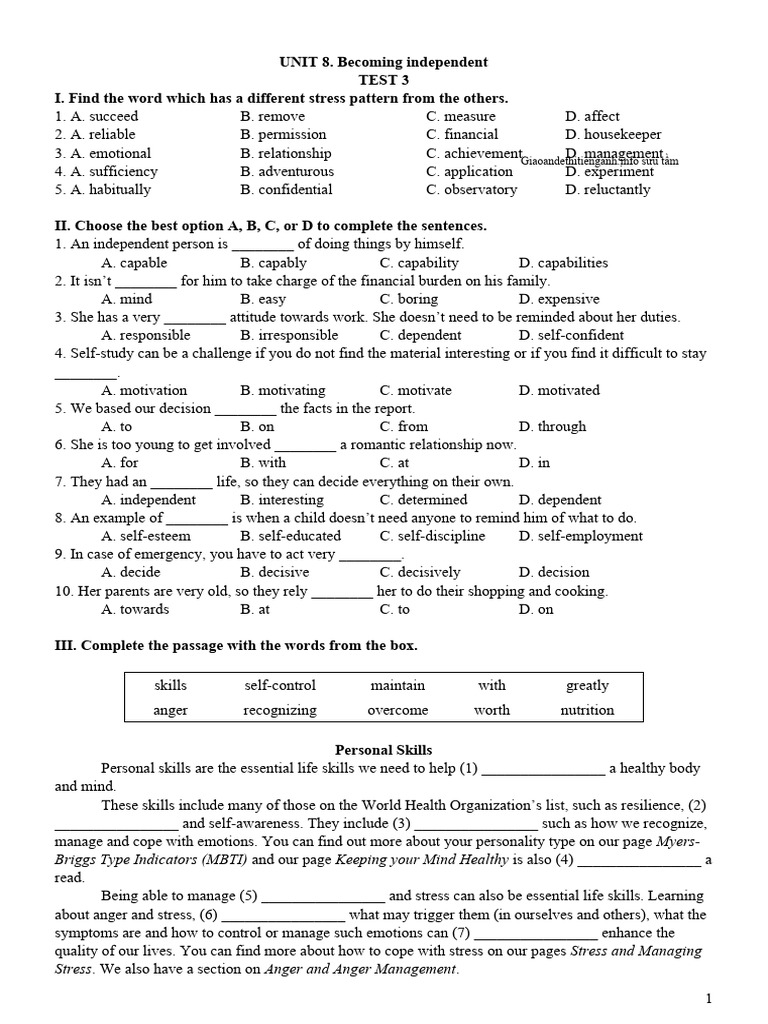 Anh 11 Global UNIT 8. Becoming Independent - TEST 3 | PDF ...