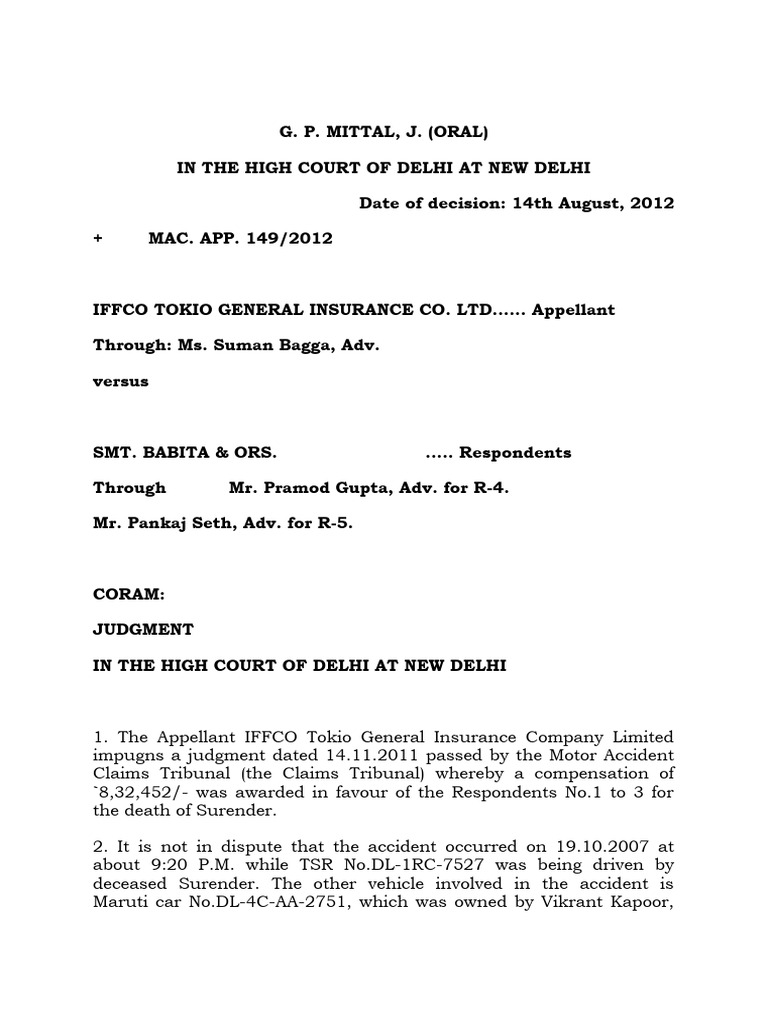 Delhi High Court Ruling on Accident Compensation | PDF | Cost Of Living ...